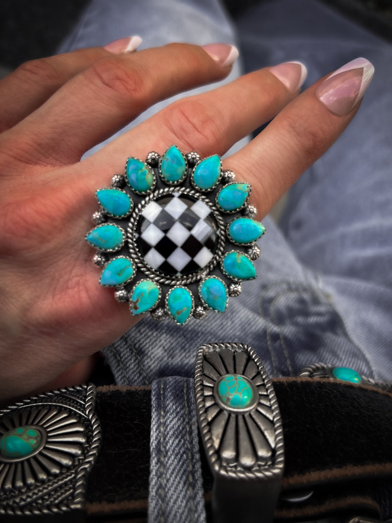 Turquoise & Checkered Sunflower Ring MADE TO ORDER-Statement Rings-Krush Kandy, Women's Online Fashion Boutique Located in Phoenix, Arizona (Scottsdale Area)