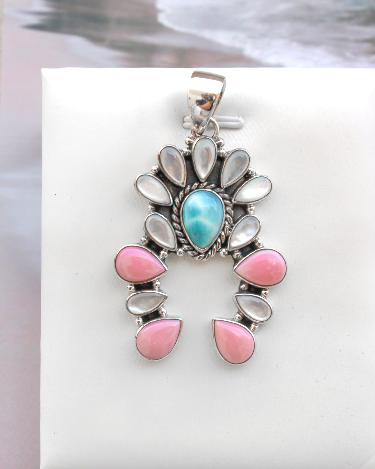 Delicate White Shell & Larimar Stone Horseshoe Pendant-Pendant Necklaces-Krush Kandy, Women's Online Fashion Boutique Located in Phoenix, Arizona (Scottsdale Area)
