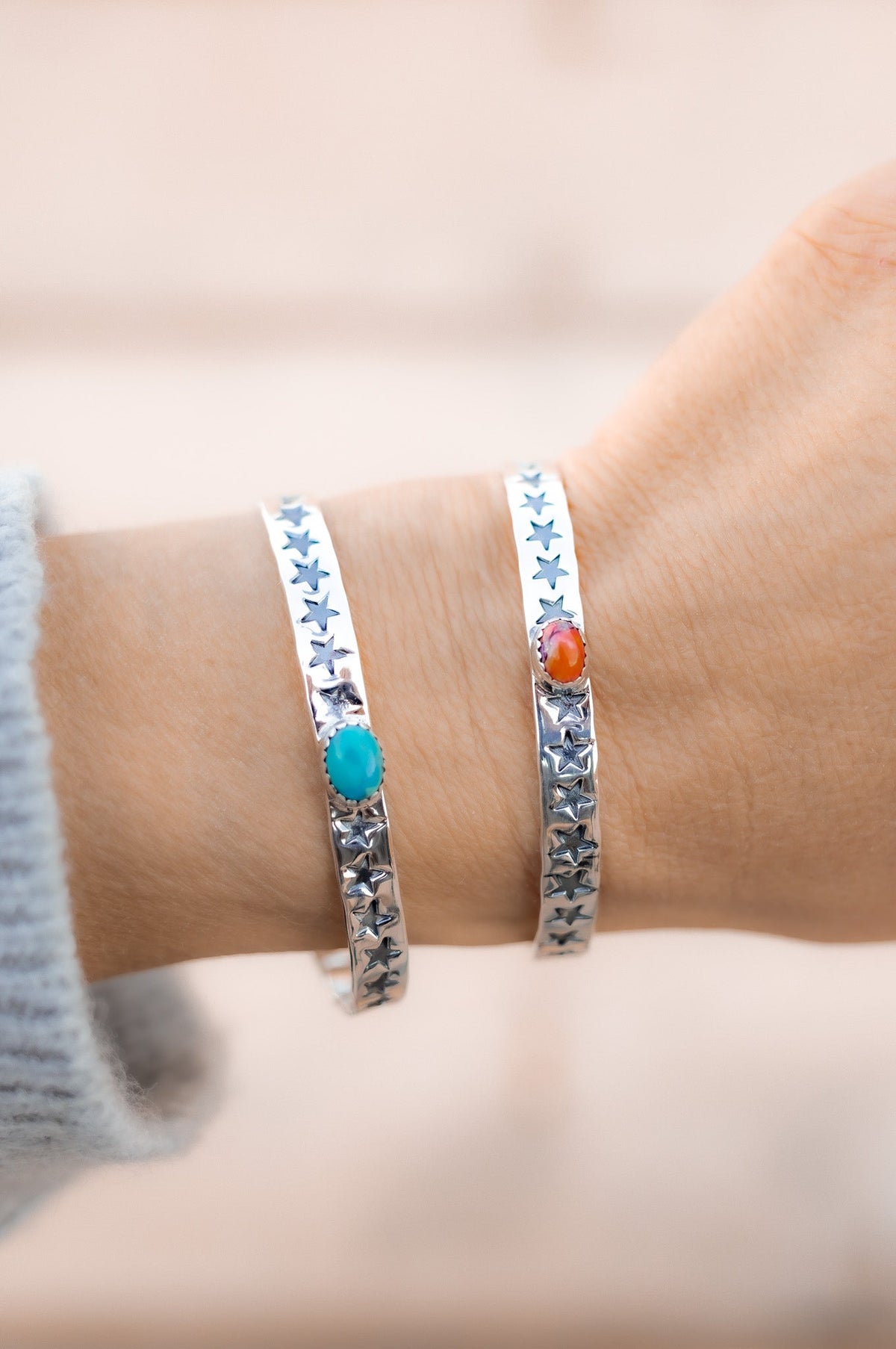 Star Stamped Single Stone Sterling Silver Cuff | PREORDER NOW OPEN-Cuffs-Krush Kandy, Women's Online Fashion Boutique Located in Phoenix, Arizona (Scottsdale Area)