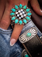 Turquoise & Checkered Sunflower Ring MADE TO ORDER-Statement Rings-Krush Kandy, Women's Online Fashion Boutique Located in Phoenix, Arizona (Scottsdale Area)