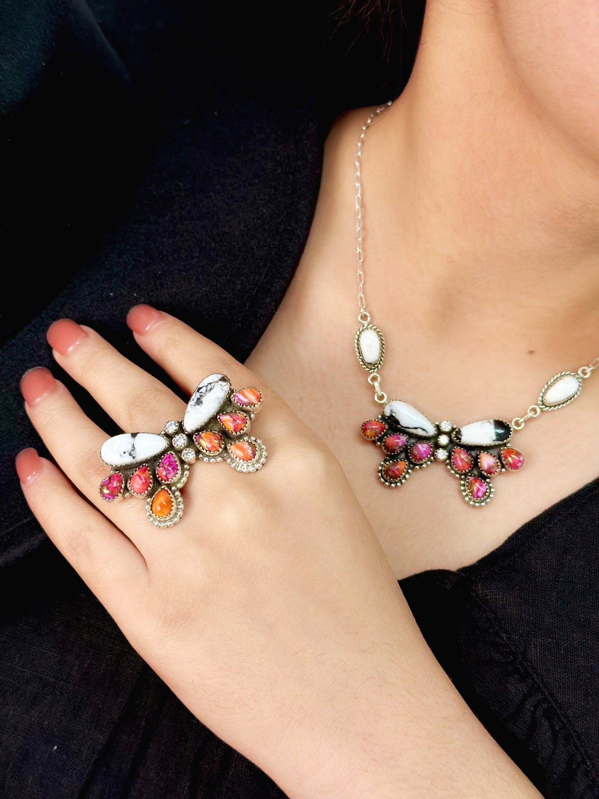 White Buffalo & Pink Dahlia Ruffled Bow Set-Necklaces-Krush Kandy, Women's Online Fashion Boutique Located in Phoenix, Arizona (Scottsdale Area)