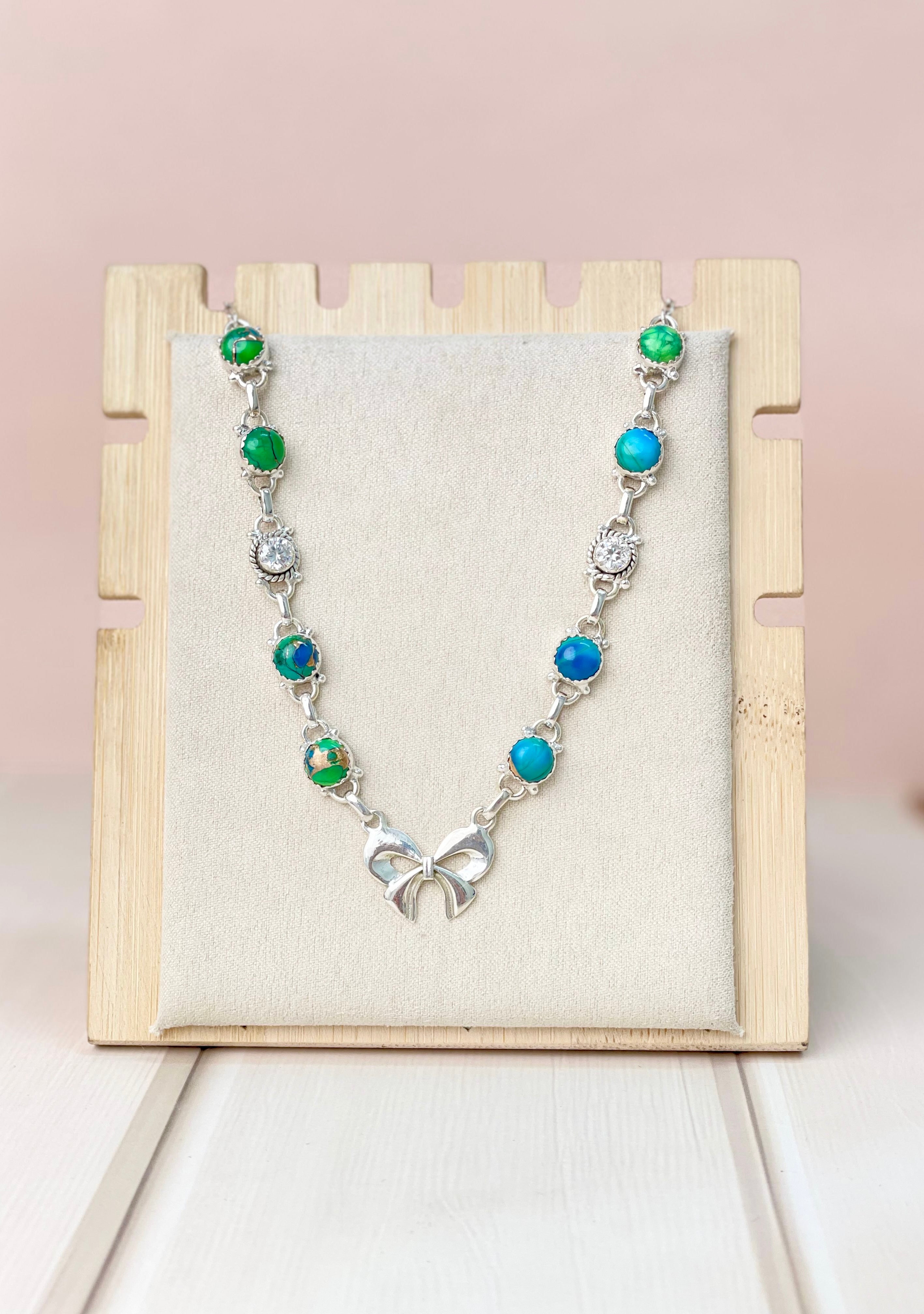 Peacock Dahlia and CZ Bow Necklace-Necklaces-Krush Kandy, Women's Online Fashion Boutique Located in Phoenix, Arizona (Scottsdale Area)