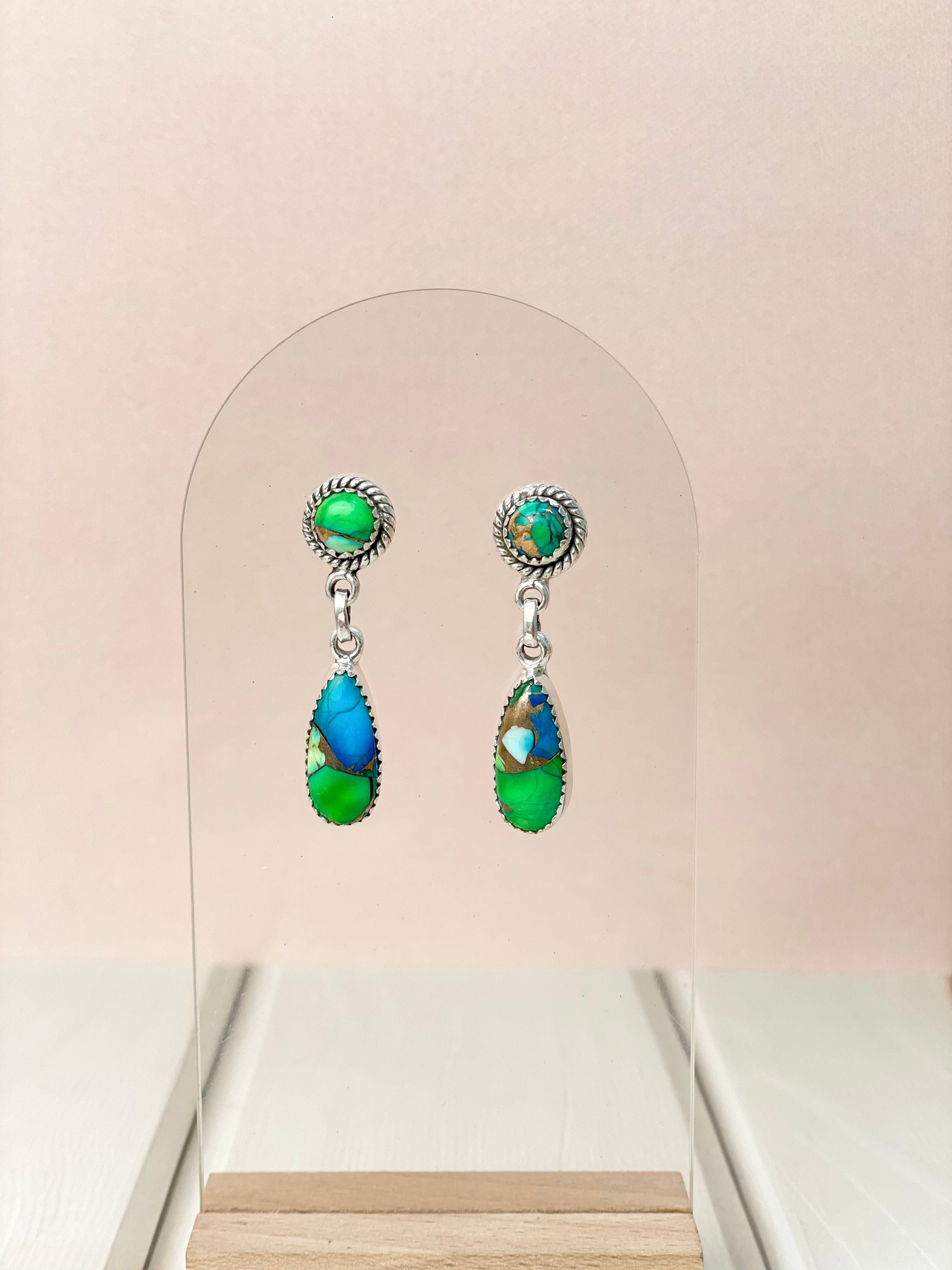 Peacock Dahlia 2 Stone Drop Earrings-Earrings-Krush Kandy, Women's Online Fashion Boutique Located in Phoenix, Arizona (Scottsdale Area)