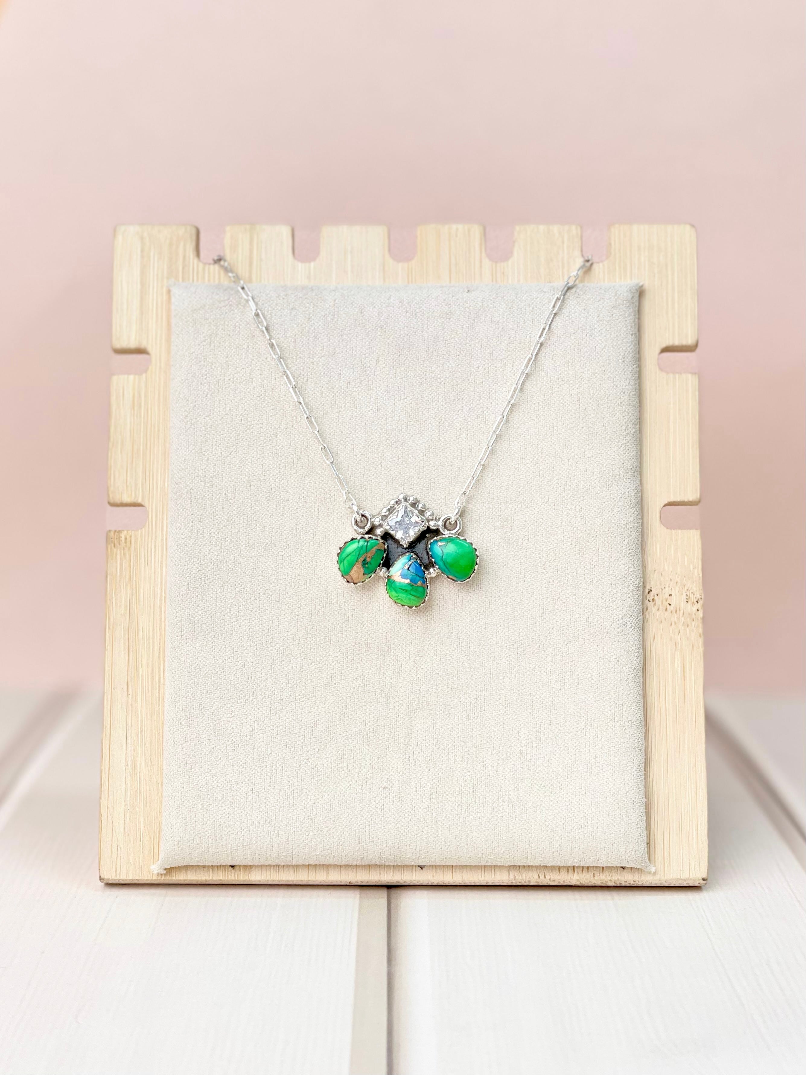 Peacock Dahlia & White CZ Cluster Necklace No.5-Necklaces-Krush Kandy, Women's Online Fashion Boutique Located in Phoenix, Arizona (Scottsdale Area)