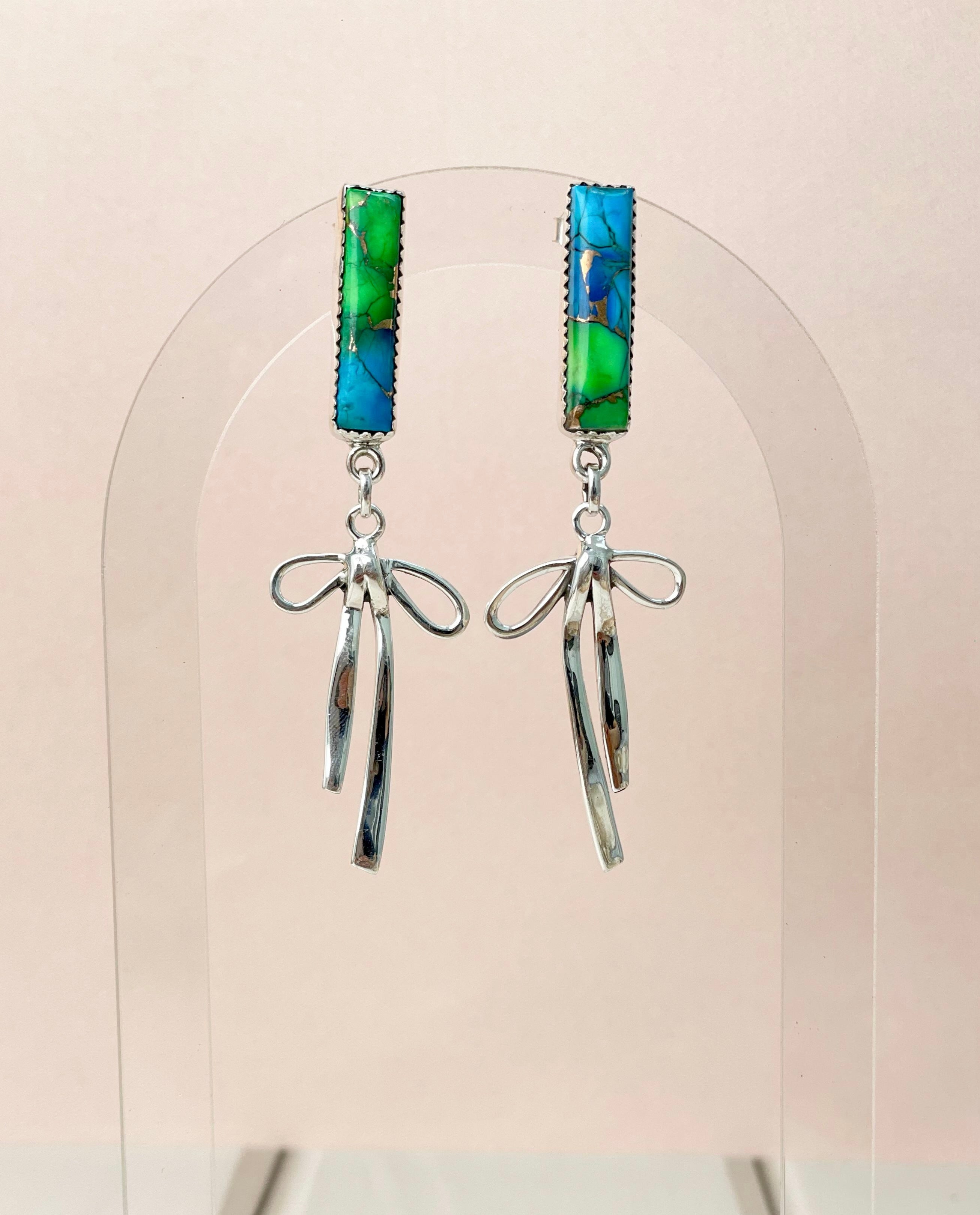 Peacock Dahlia Bar and Bow Earrings-Earrings-Krush Kandy, Women's Online Fashion Boutique Located in Phoenix, Arizona (Scottsdale Area)